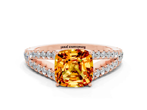 Rose gold Cushion Cut Citrine Split Shank Pavé Engagement Ring with Four-Prong Setting_12