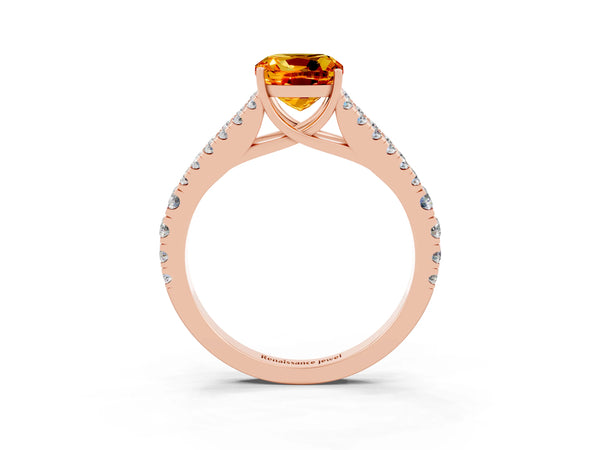 Rose gold Cushion Cut Citrine Split Shank Pavé Engagement Ring with Four-Prong Setting