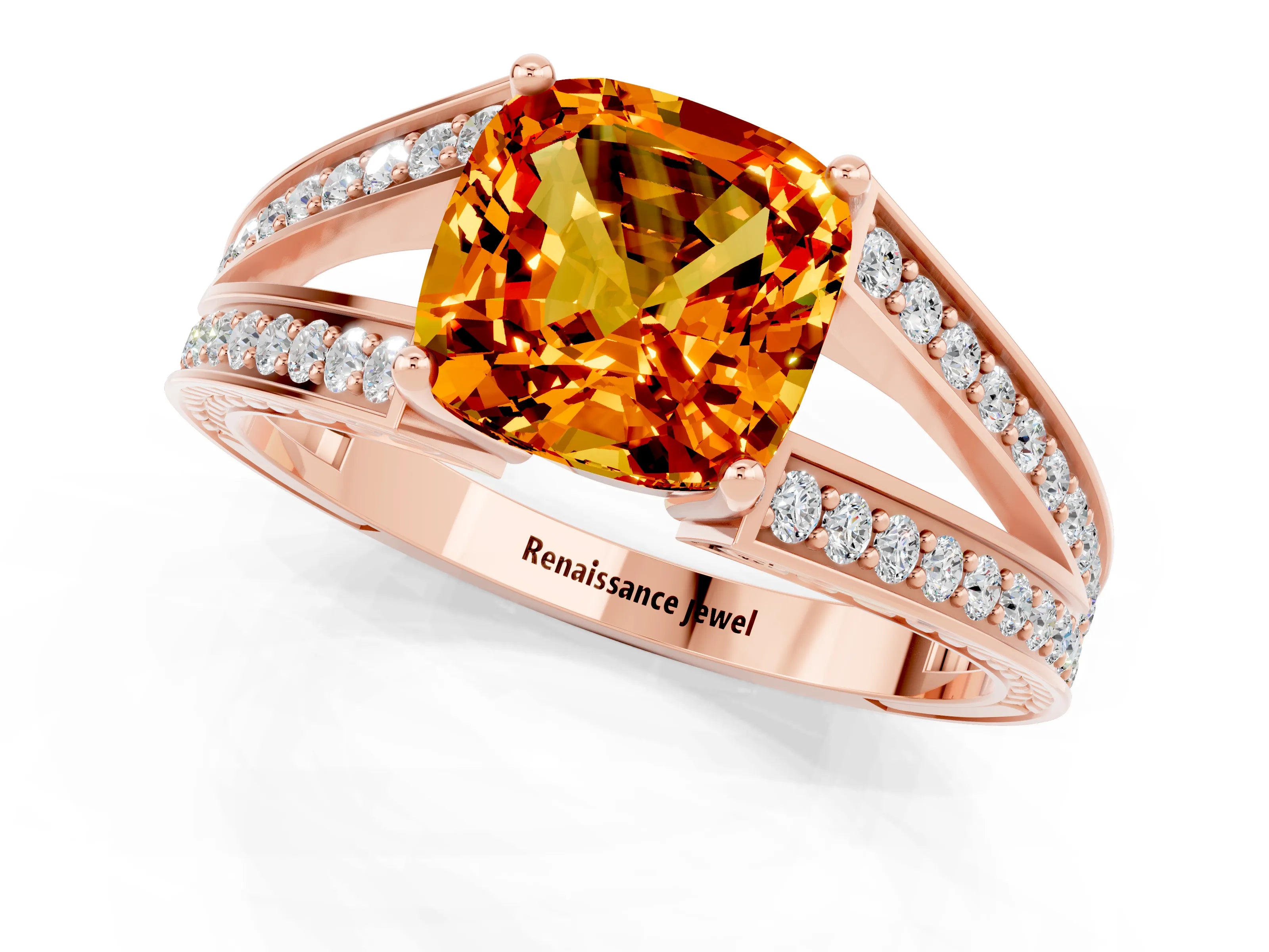 Rose gold Cushion Cut Citrine Split Shank Ring with Pavé Band and Four-Prong Setting_1