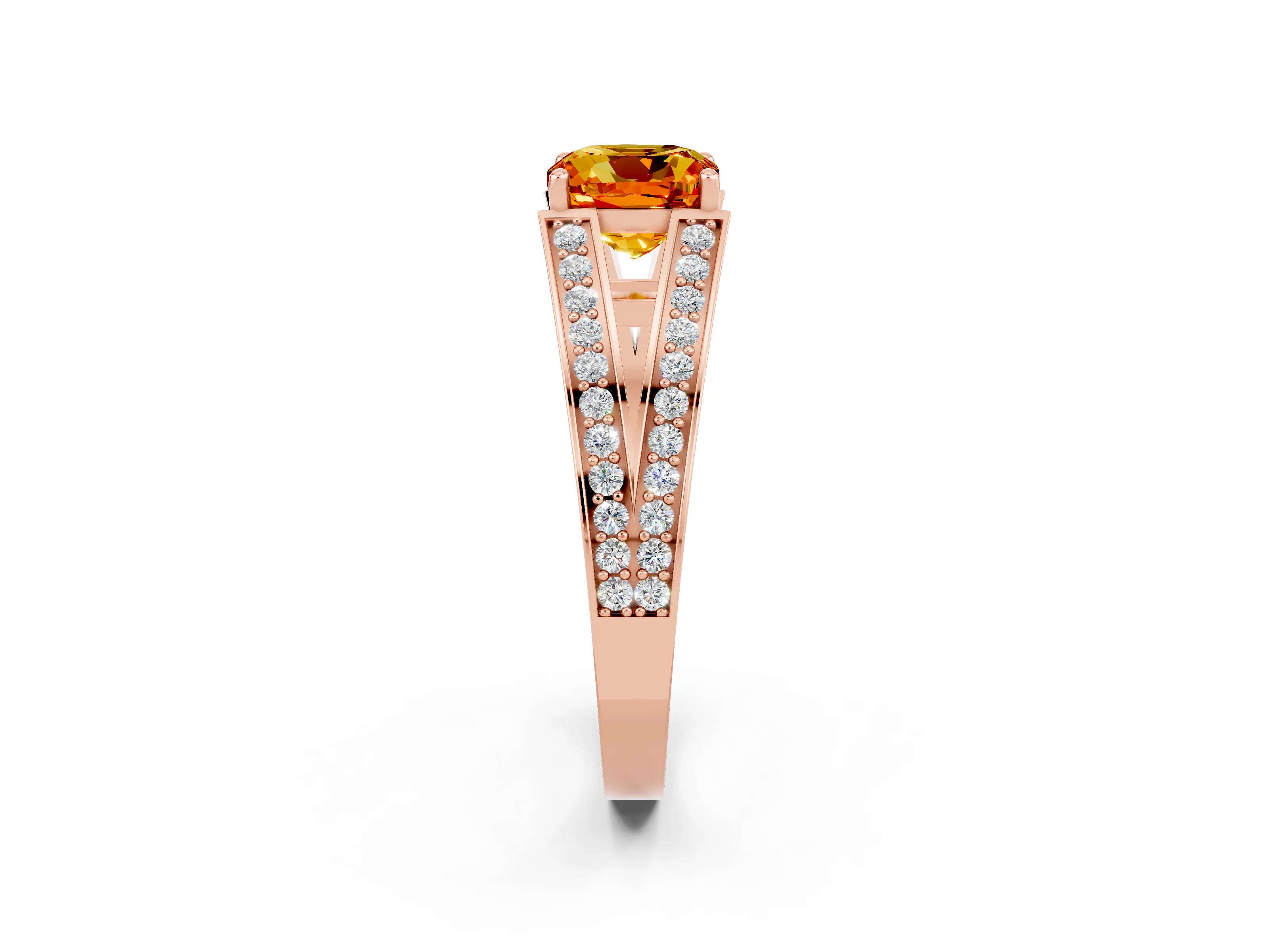 Rose gold Cushion Cut Citrine Split Shank Ring with Pavé Band and Four-Prong Setting_2
