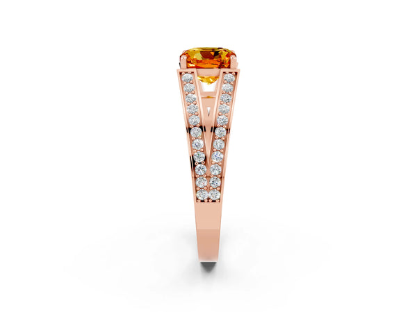 Rose gold Cushion Cut Citrine Split Shank Ring with Pavé Band and Four-Prong Setting