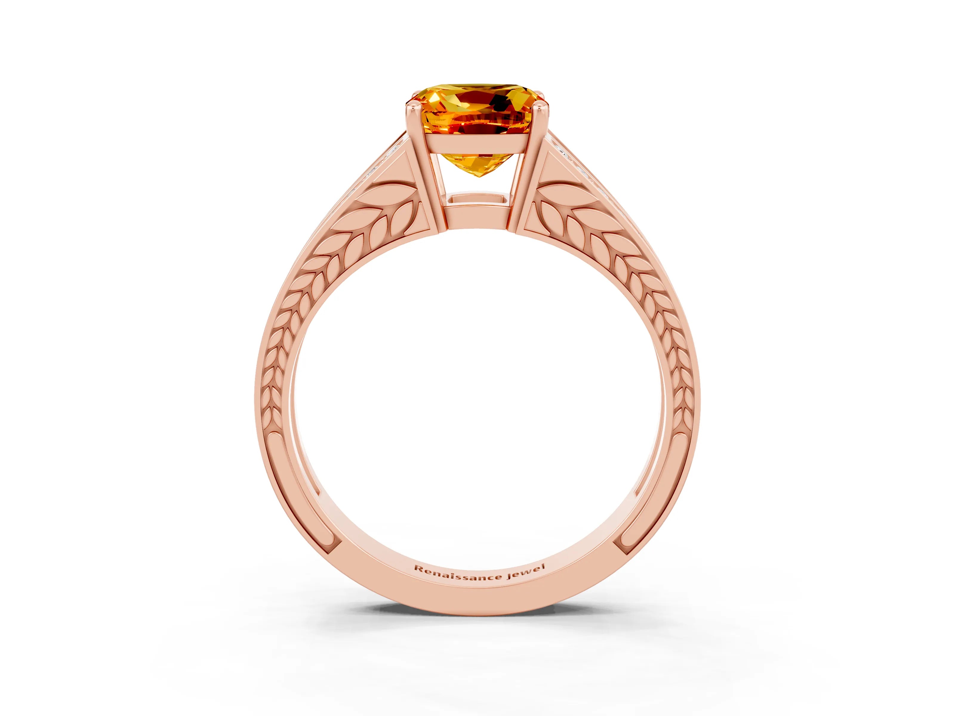 Rose gold Cushion Cut Citrine Split Shank Ring with Pavé Band and Four-Prong Setting_3