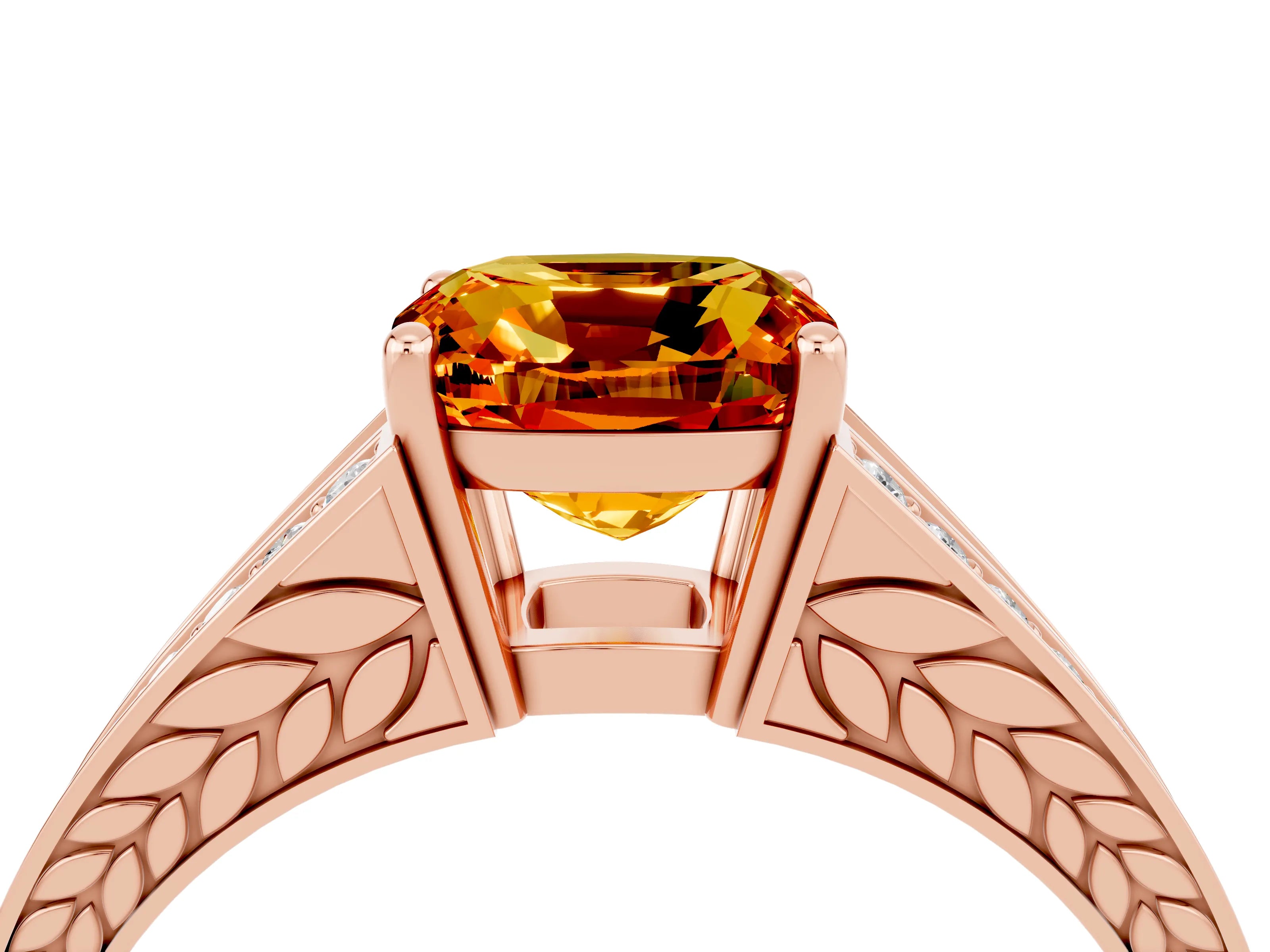 Rose gold Cushion Cut Citrine Split Shank Ring with Pavé Band and Four-Prong Setting_4