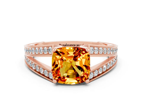 Rose gold Cushion Cut Citrine Split Shank Ring with Pavé Band and Four-Prong Setting