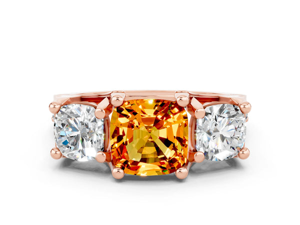 Rose gold Cushion Cut Citrine Three-Stone Ring with Channel Set Band and Four-Prong Setting