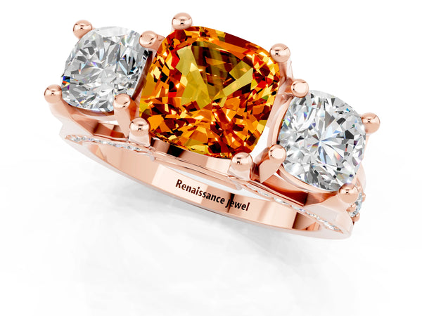 Rose gold Cushion Cut Citrine Three-Stone Ring with Channel Set Band and Four-Prong Setting
