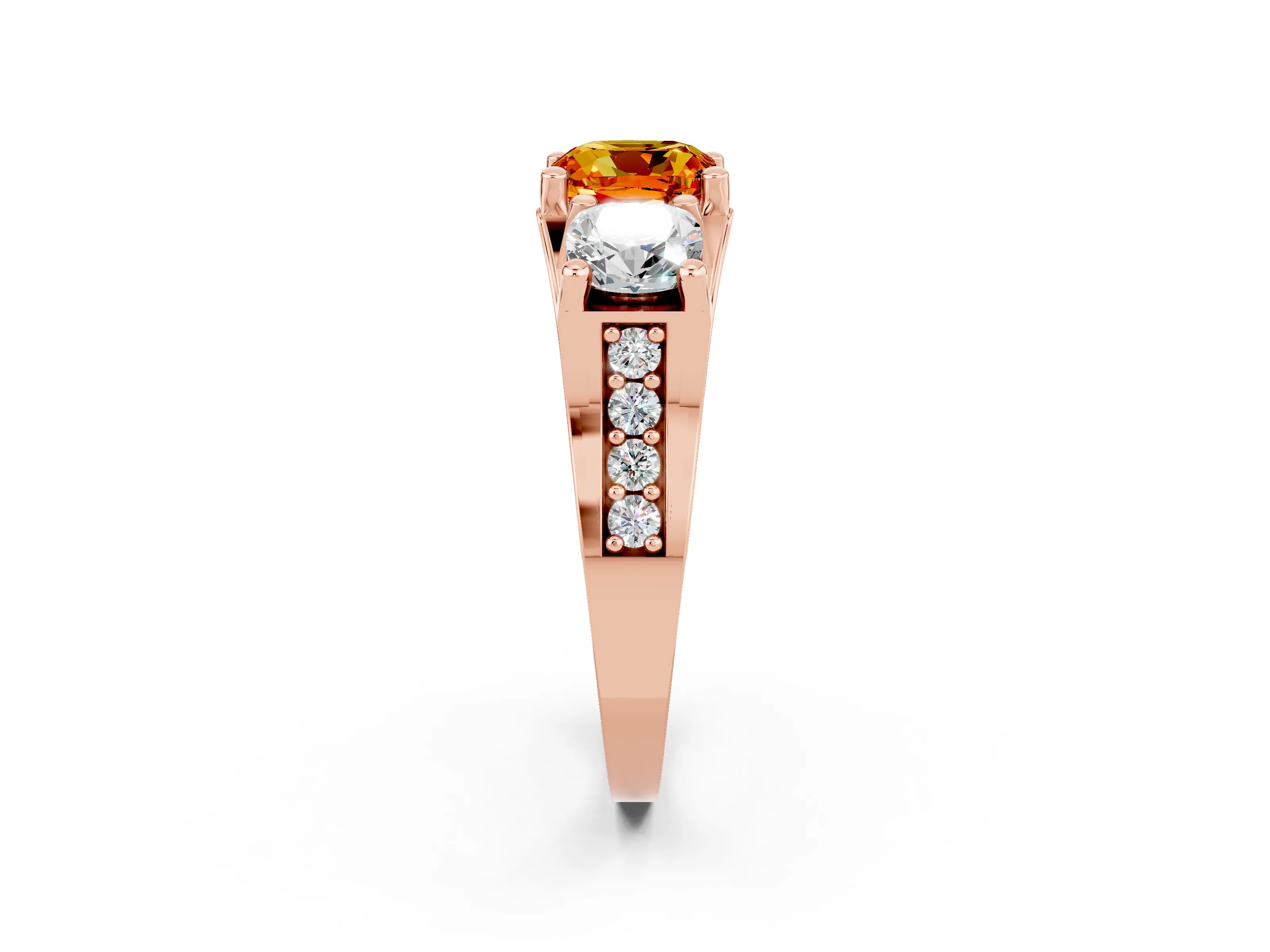 Rose gold Cushion Cut Citrine Three-Stone Ring with Channel Set Band and Four-Prong Setting_2