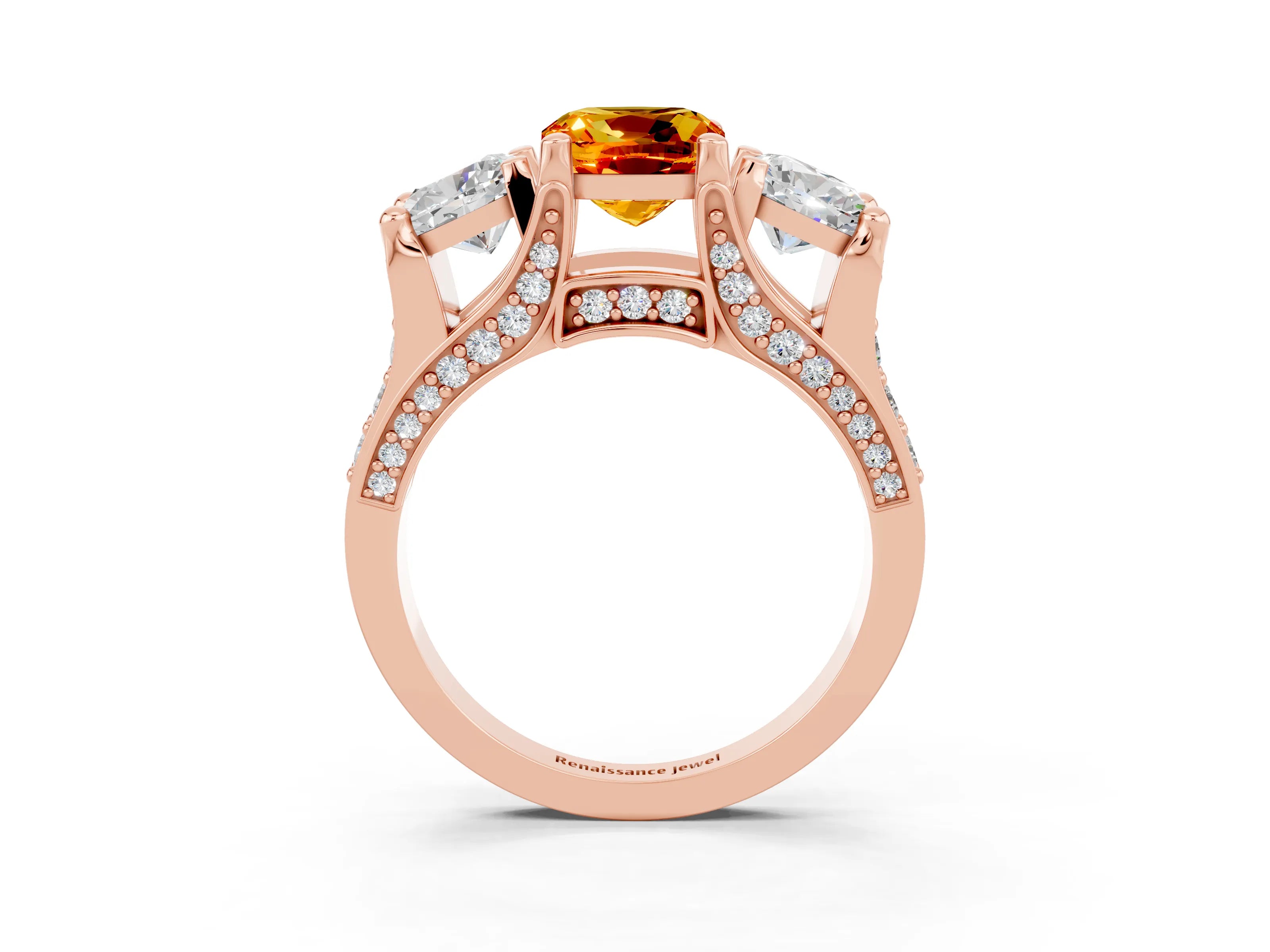 Rose gold Cushion Cut Citrine Three-Stone Ring with Channel Set Band and Four-Prong Setting_3