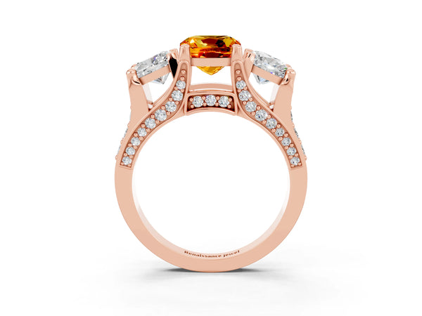 Rose gold Cushion Cut Citrine Three-Stone Ring with Channel Set Band and Four-Prong Setting
