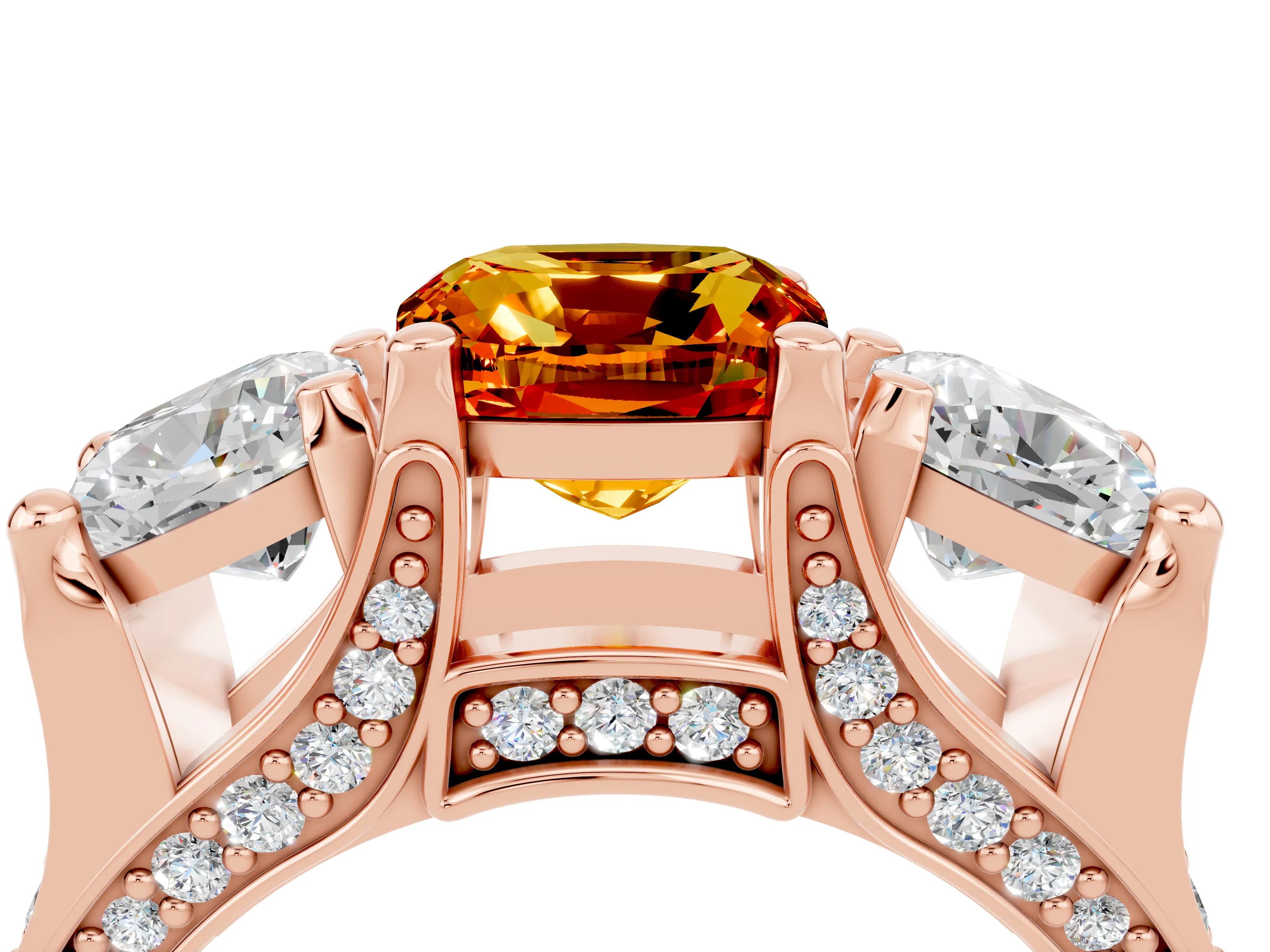 Rose gold Cushion Cut Citrine Three-Stone Ring with Channel Set Band and Four-Prong Setting_4