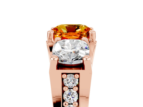 Rose gold Cushion Cut Citrine Three-Stone Ring with Channel Set Band and Four-Prong Setting_5