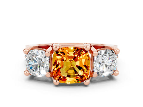 Rose gold Cushion Cut Citrine Three-Stone Ring with Channel Set Band and Four-Prong Setting