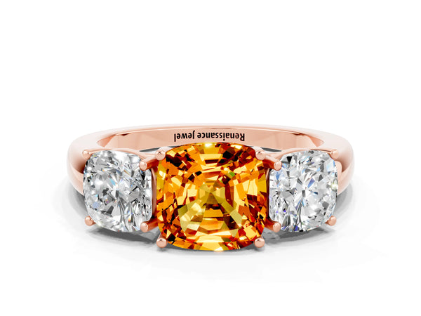 Rose gold Cushion Cut Citrine Three-Stone Ring with Four-Prong Setting and Classic Band