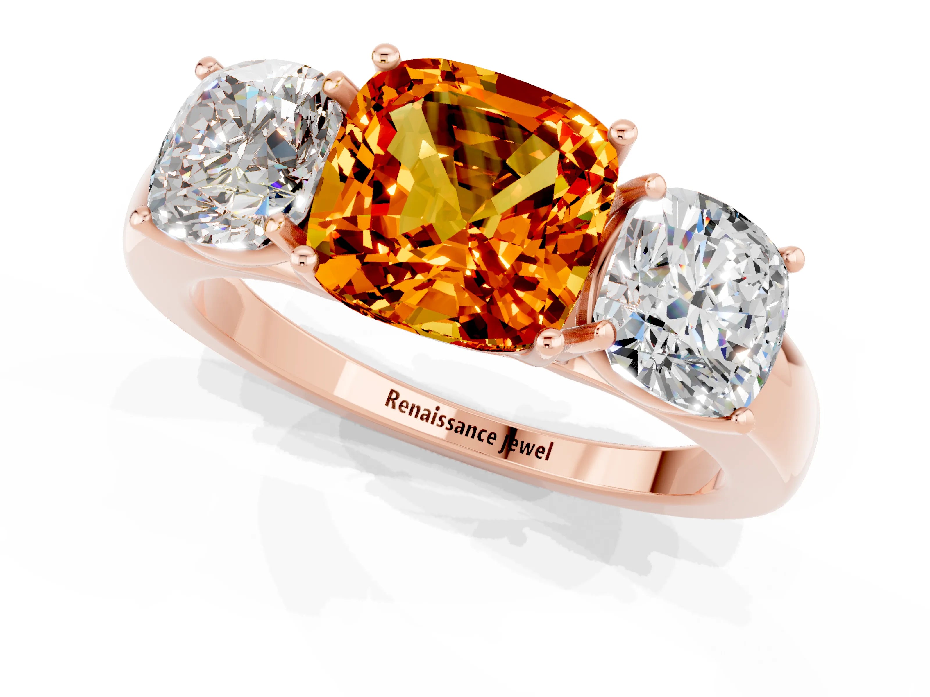 Rose gold Cushion Cut Citrine Three-Stone Ring with Four-Prong Setting and Classic Band_1