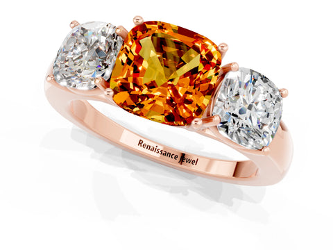 Rose gold Cushion Cut Citrine Three-Stone Ring with Four-Prong Setting and Classic Band_1