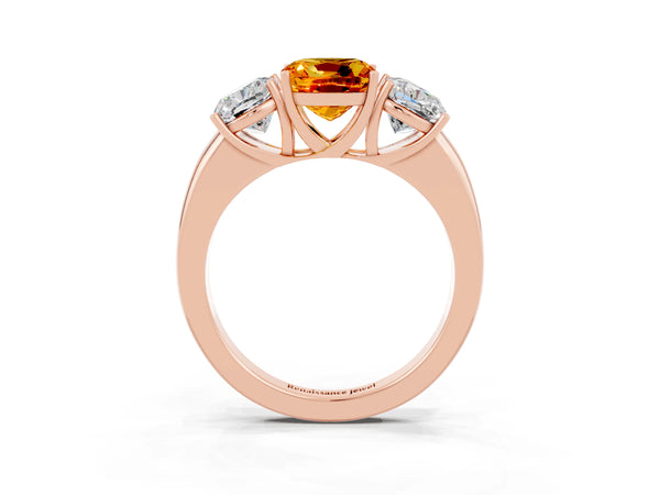 Rose gold Cushion Cut Citrine Three-Stone Ring with Four-Prong Setting and Classic Band