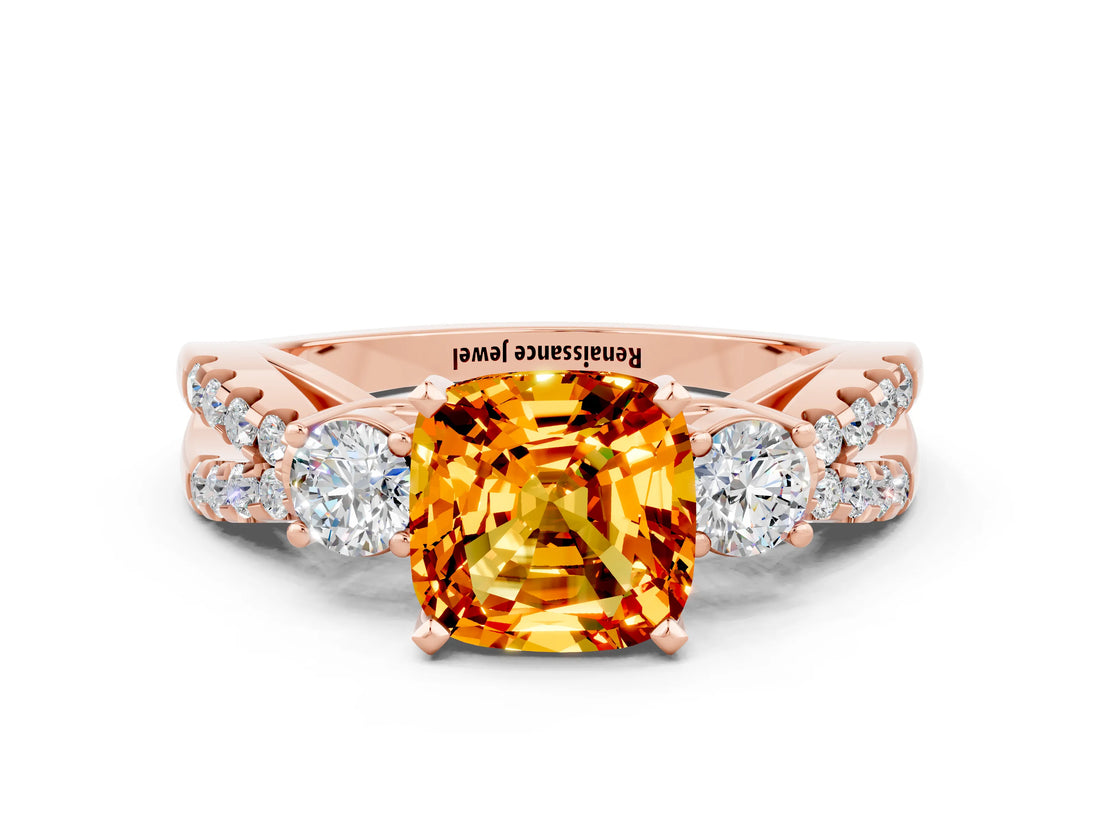Rose gold Cushion Cut Citrine Three-Stone Ring with Pavé Split Shank and Four-Prong Setting_12