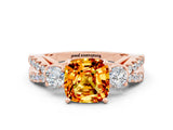 Rose gold Cushion Cut Citrine Three-Stone Ring with Pavé Split Shank and Four-Prong Setting_12