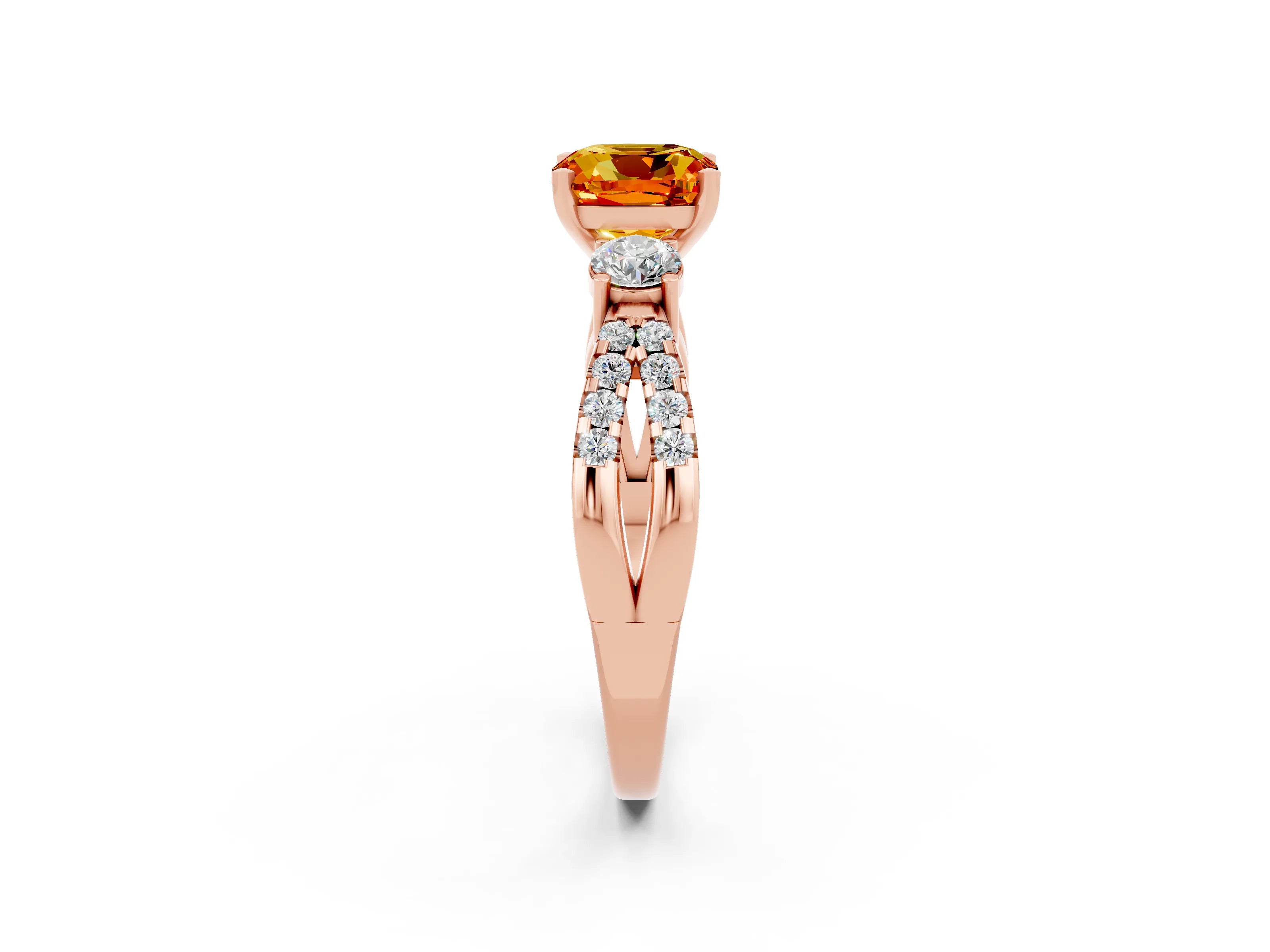 Rose gold Cushion Cut Citrine Three-Stone Ring with Pavé Split Shank and Four-Prong Setting_14