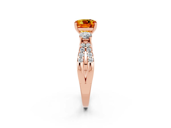 Rose gold Cushion Cut Citrine Three-Stone Ring with Pavé Split Shank and Four-Prong Setting