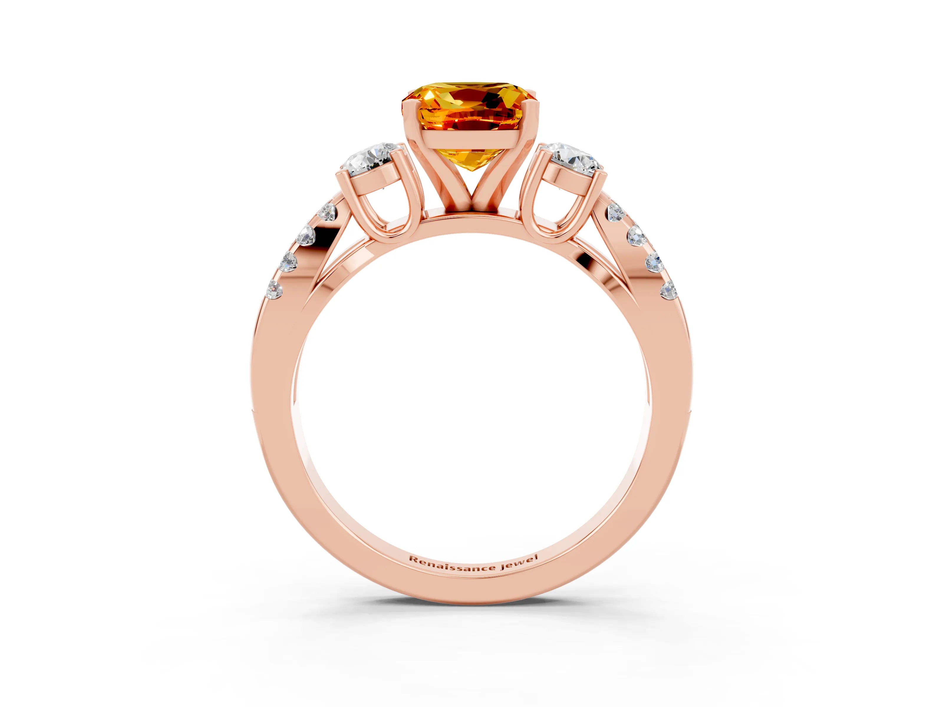 Rose gold Cushion Cut Citrine Three-Stone Ring with Pavé Split Shank and Four-Prong Setting_15