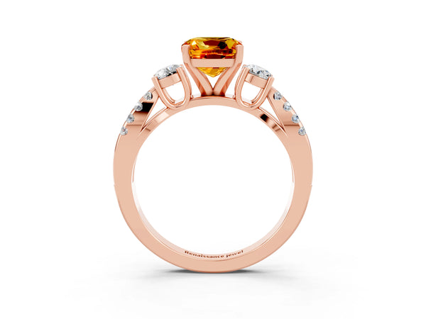 Rose gold Cushion Cut Citrine Three-Stone Ring with Pavé Split Shank and Four-Prong Setting