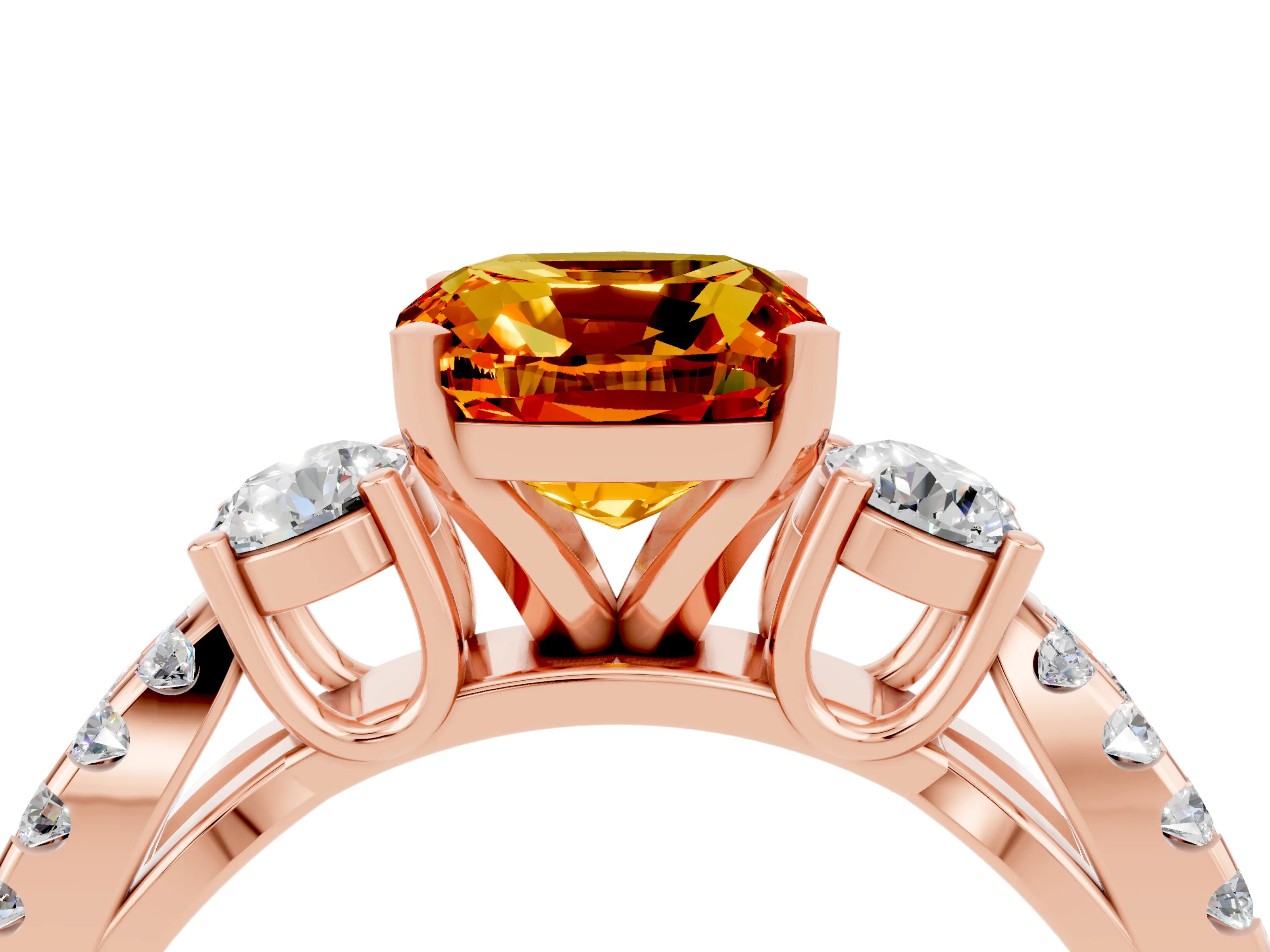Rose gold Cushion Cut Citrine Three-Stone Ring with Pavé Split Shank and Four-Prong Setting_16