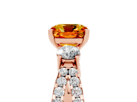 Rose gold Cushion Cut Citrine Three-Stone Ring with Pavé Split Shank and Four-Prong Setting_17