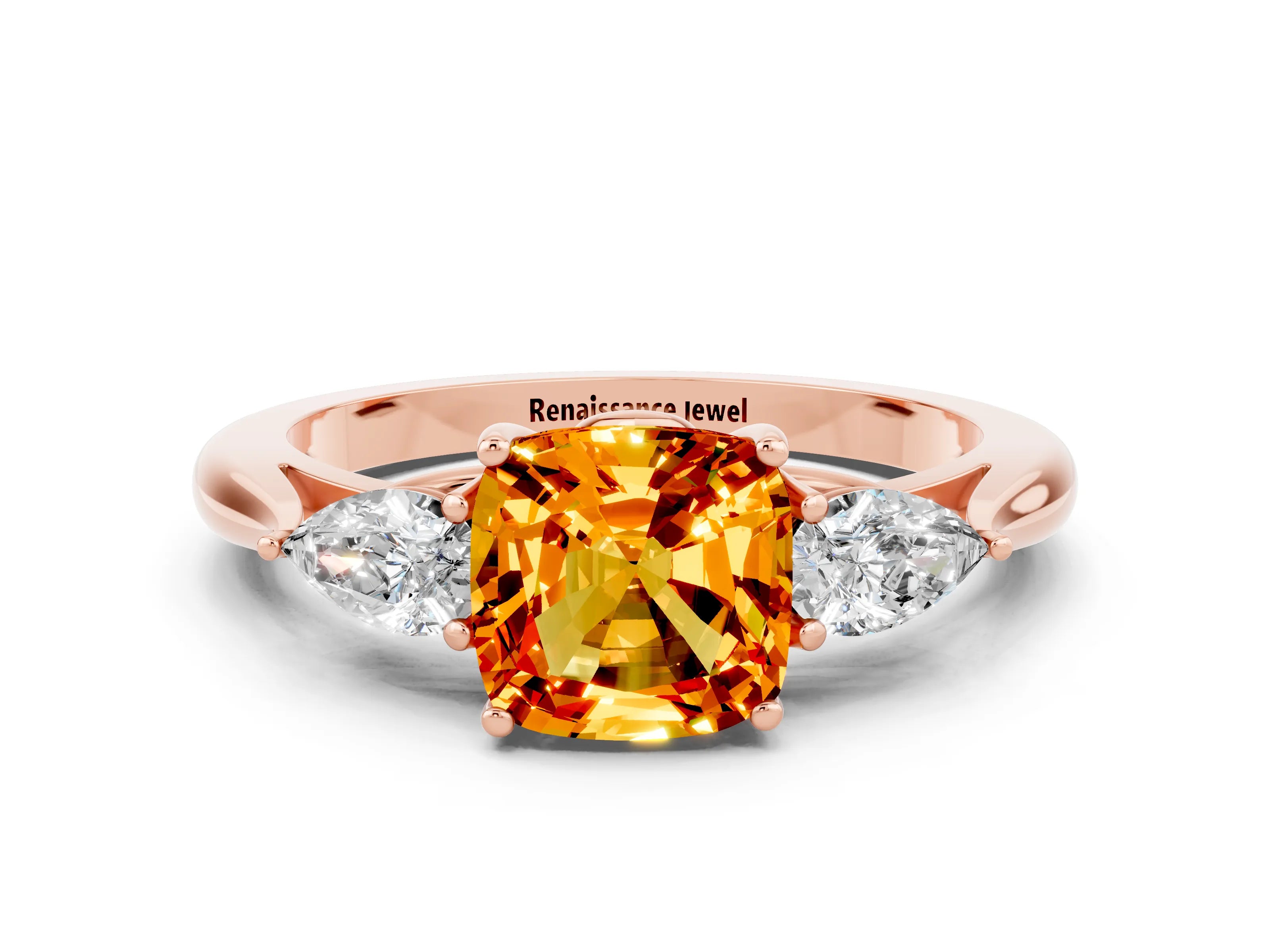 Rose gold Cushion Cut Citrine Three-Stone Ring with Pear Side Stones and Four-Prong Setting_12