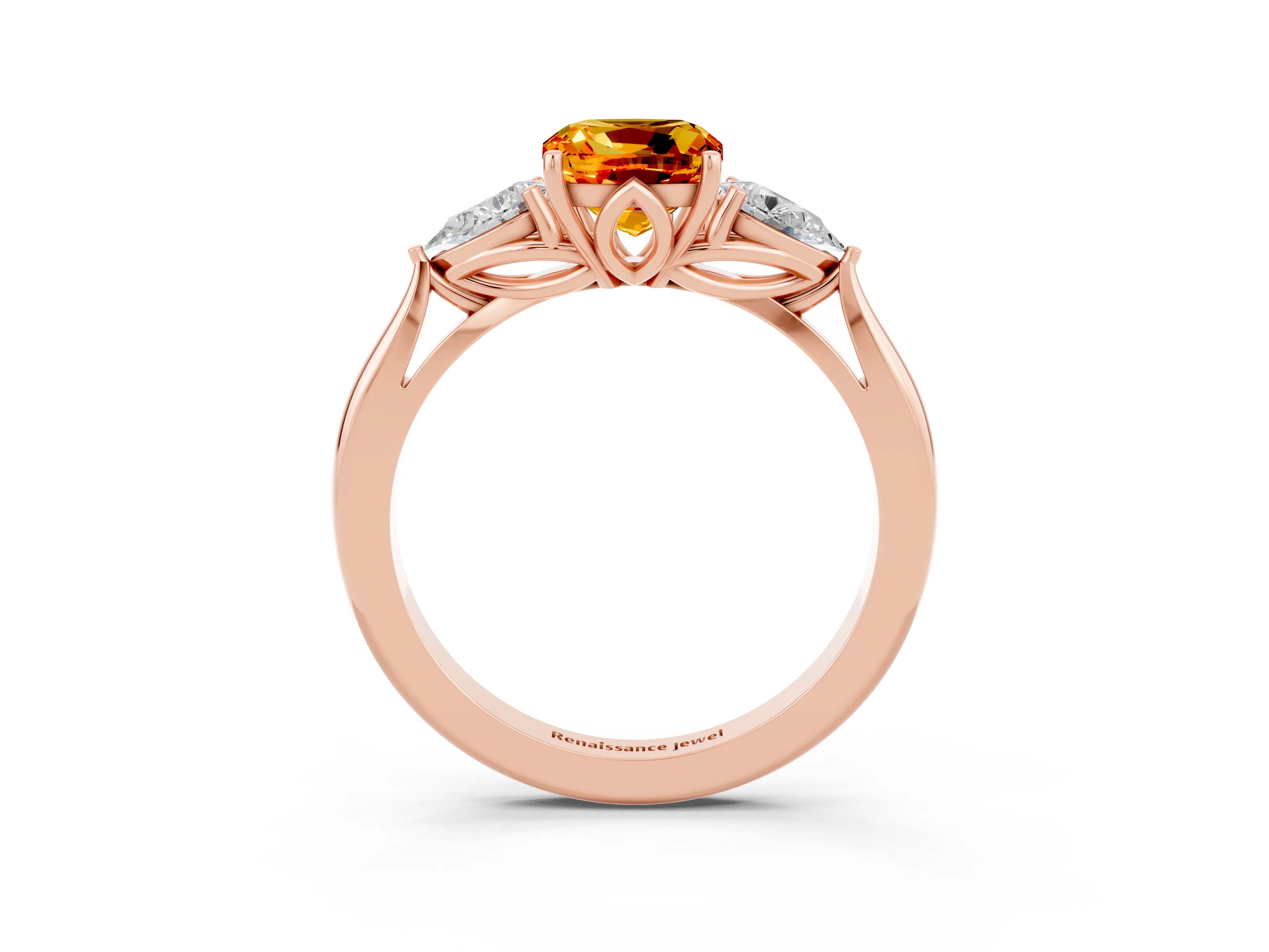 Rose gold Cushion Cut Citrine Three-Stone Ring with Pear Side Stones and Four-Prong Setting_15