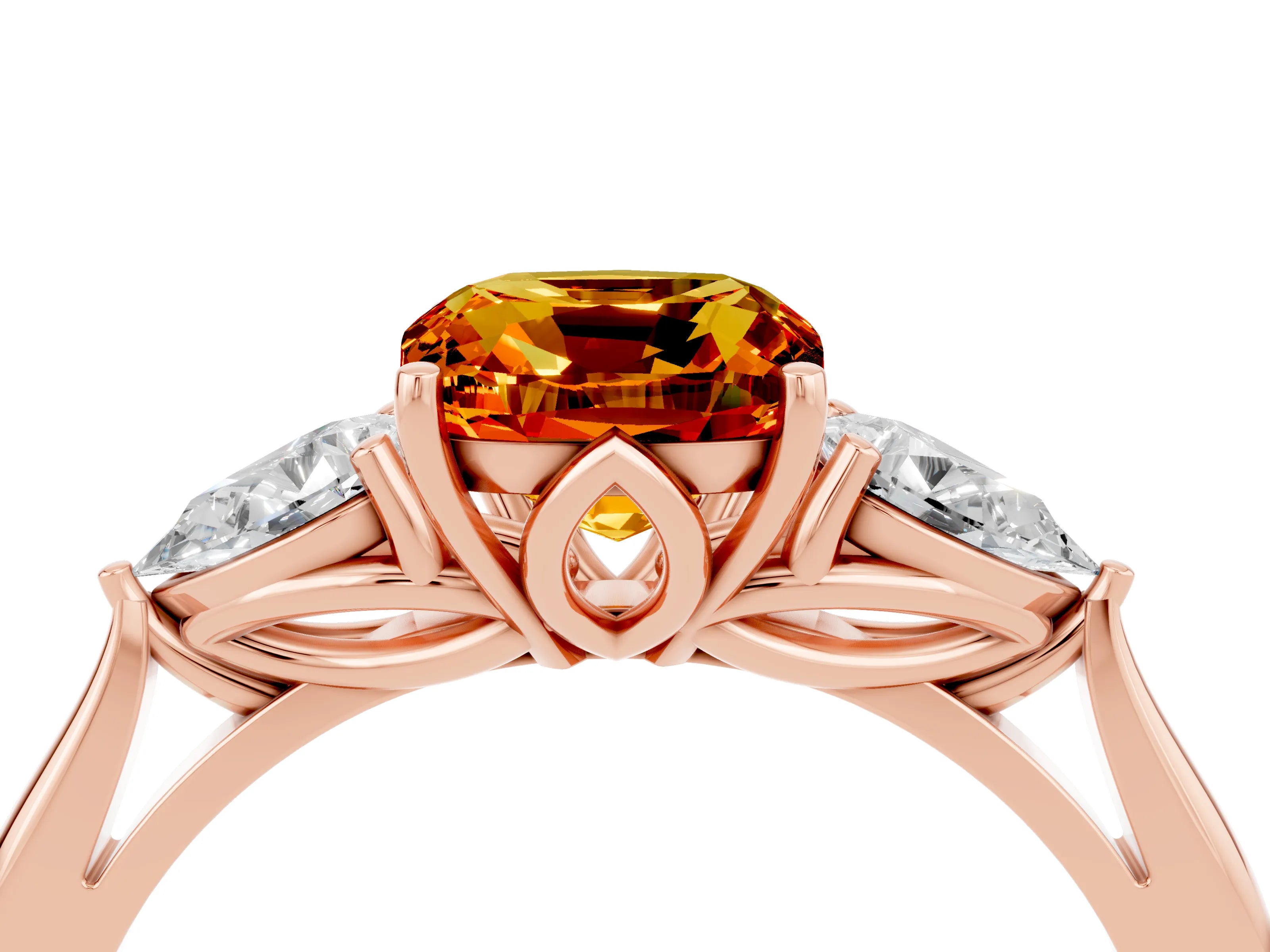 Rose gold Cushion Cut Citrine Three-Stone Ring with Pear Side Stones and Four-Prong Setting_16