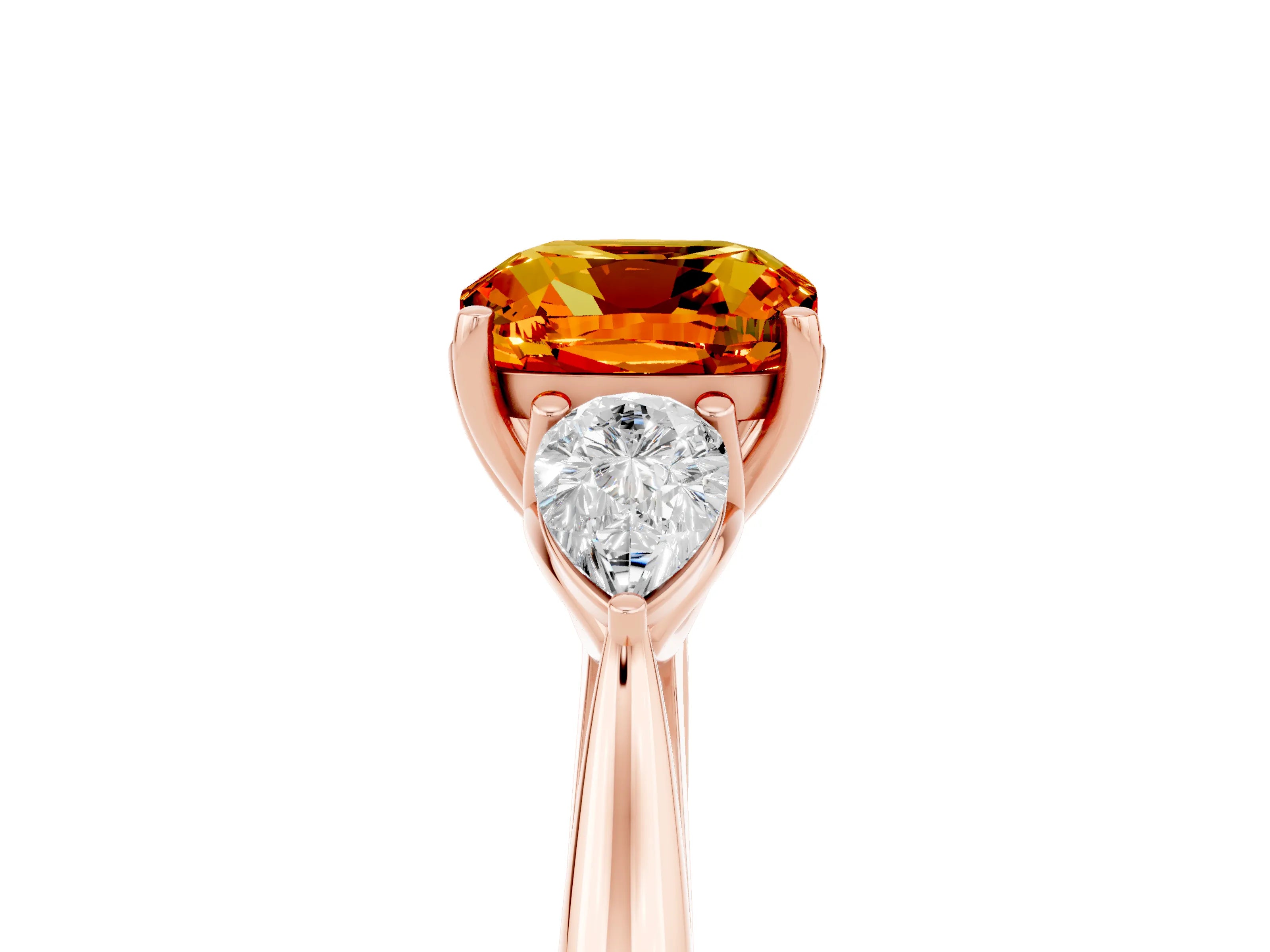 Rose gold Cushion Cut Citrine Three-Stone Ring with Pear Side Stones and Four-Prong Setting_17