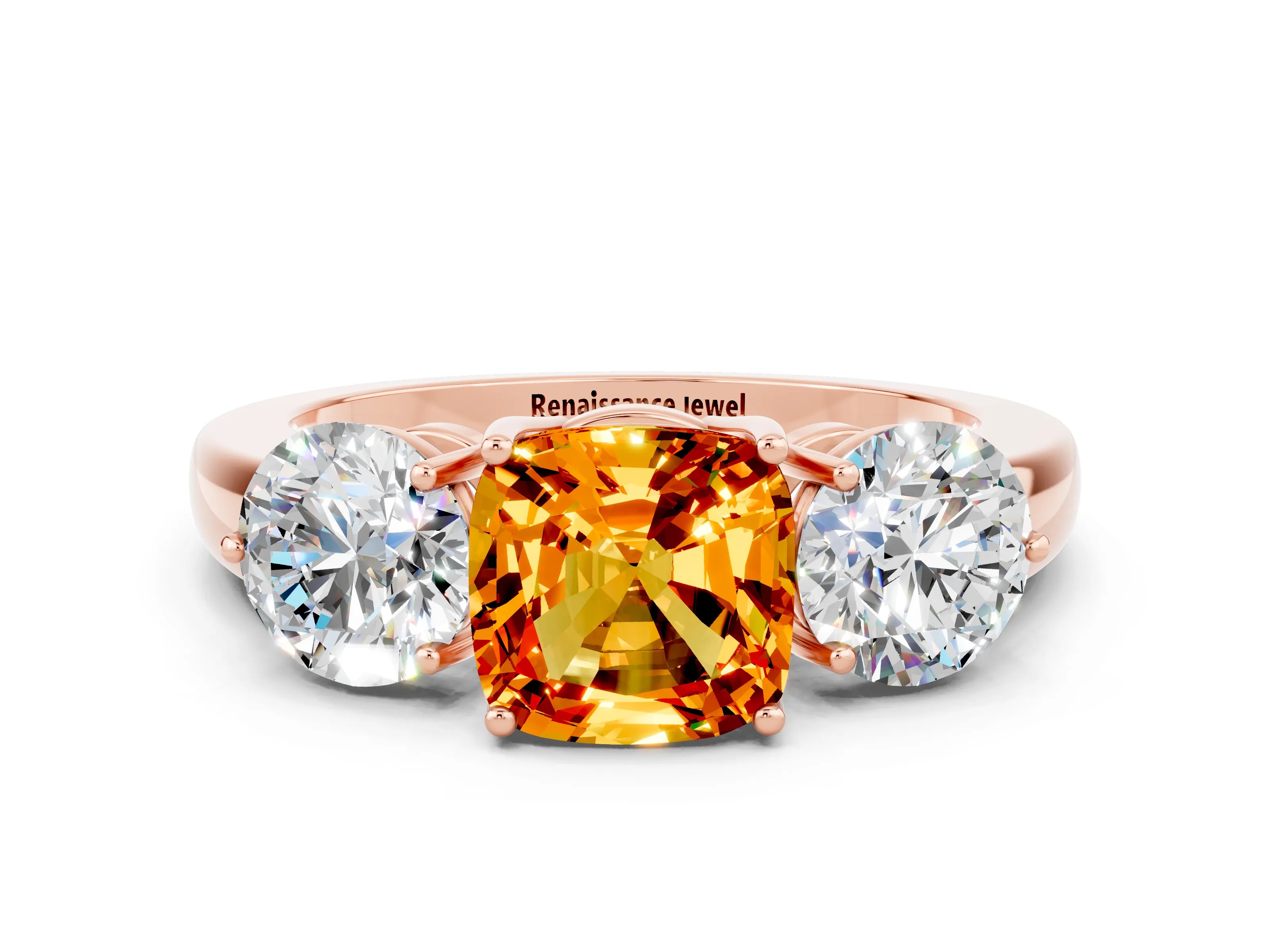 Rose gold Cushion Cut Citrine Three-Stone Ring with Prong Setting and Classic Band