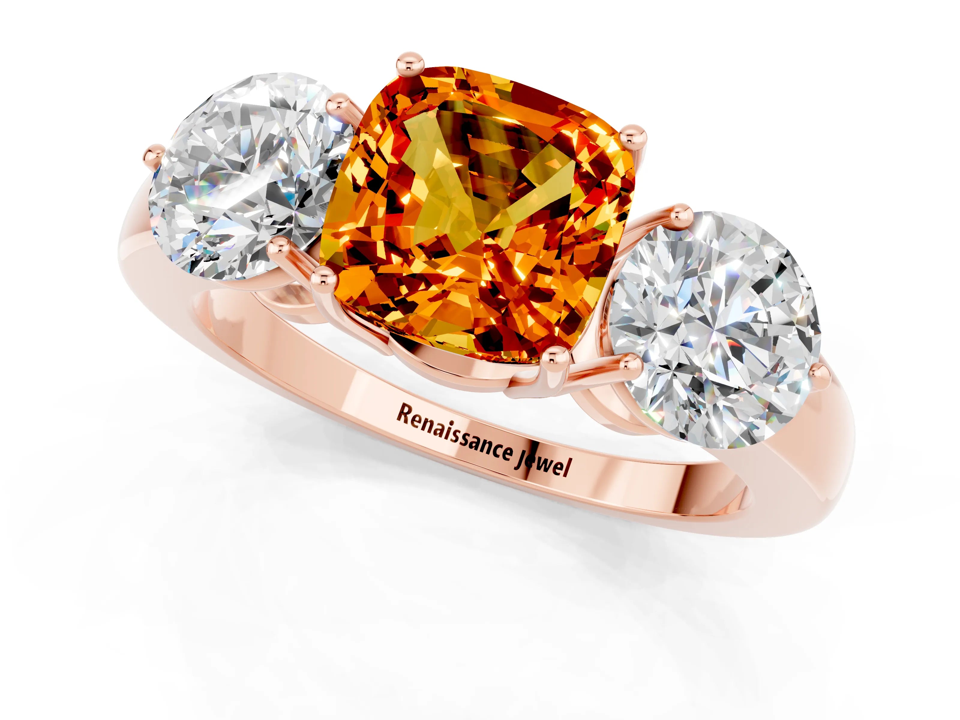 Rose gold Cushion Cut Citrine Three-Stone Ring with Prong Setting and Classic Band_1