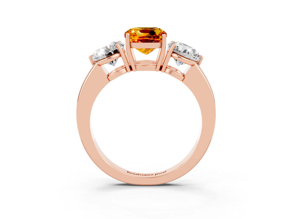 Rose gold Cushion Cut Citrine Three-Stone Ring with Prong Setting and Classic Band