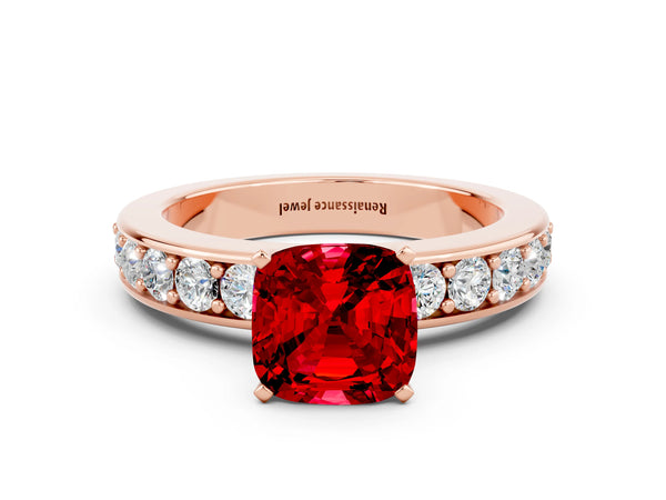 Rose gold Cushion Cut Ruby Engagement Ring with Channel Set Round  Band and Prong Setting