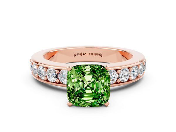 Rose gold Cushion Cut Peridot Engagement Ring with Channel Set Round  Band and Prong Setting