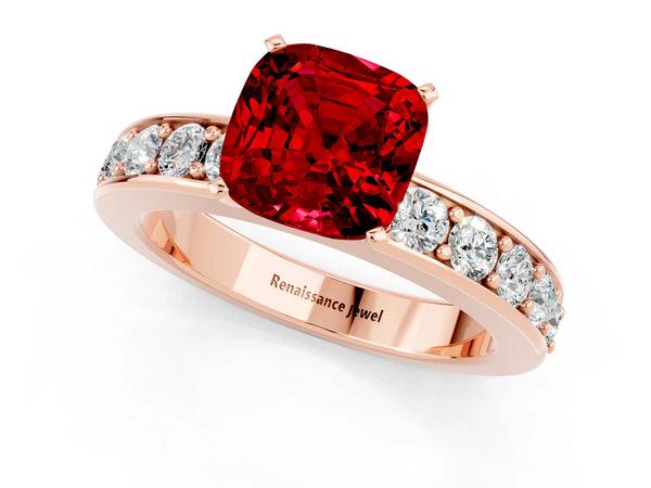 Rose gold Cushion Cut Ruby Engagement Ring with Channel Set Round  Band and Prong Setting