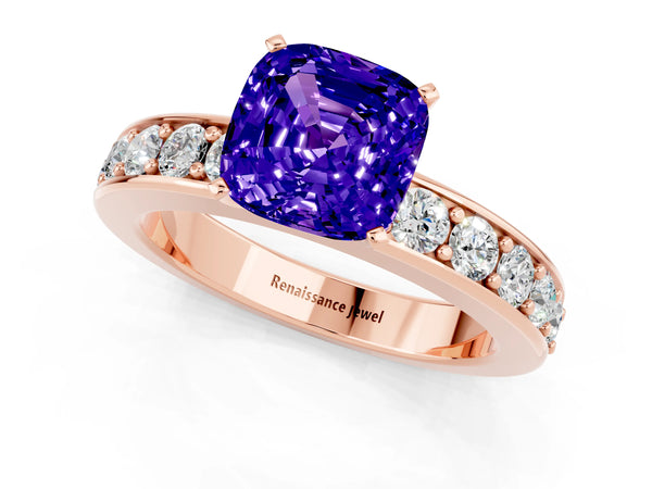 Rose gold Cushion Cut Tanzanite Engagement Ring with Channel Set Round  Band and Prong Setting
