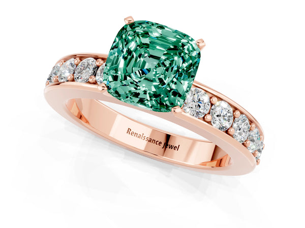 Rose gold Cushion Cut Green Sapphire Engagement Ring with Channel Set Round  Band and Prong Setting
