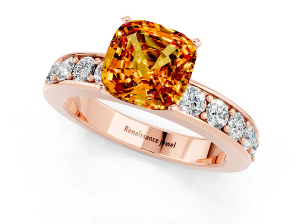 Rose gold Cushion Cut Citrine Engagement Ring with Channel Set Round  Band and Prong Setting