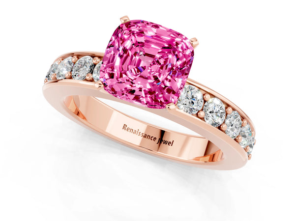 Rose gold Cushion Cut Pink Sapphire Engagement Ring with Channel Set Round  Band and Prong Setting