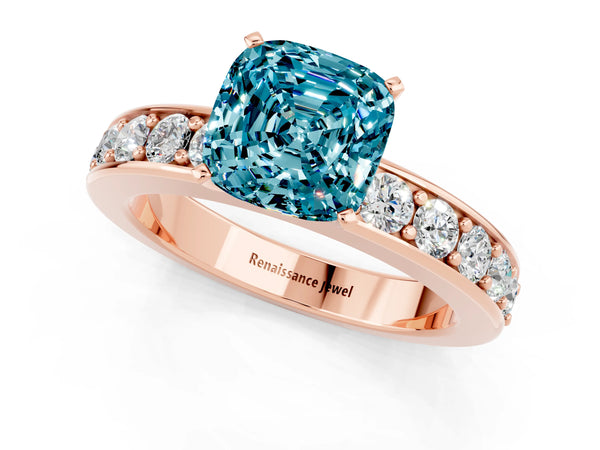 Rose gold Cushion Cut Blue Topaz Engagement Ring with Channel Set Round  Band and Prong Setting