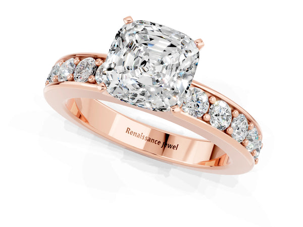 Rose gold Cushion Cut Moissanite Engagement Ring with Channel Set Round  Band and Prong Setting