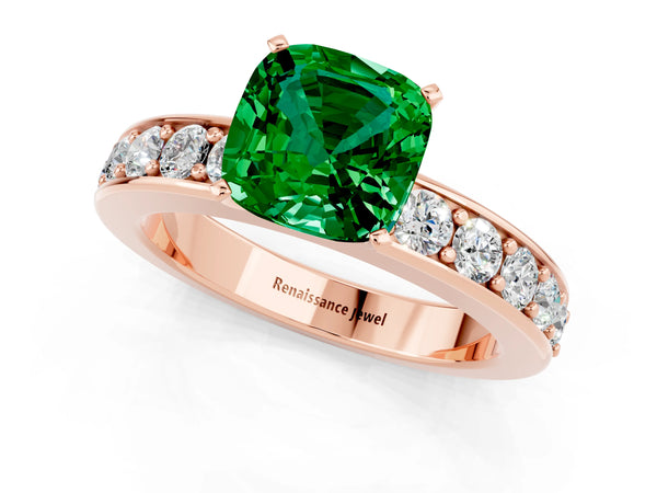 Rose gold Cushion Cut Emerald Engagement Ring with Channel Set Round  Band and Prong Setting