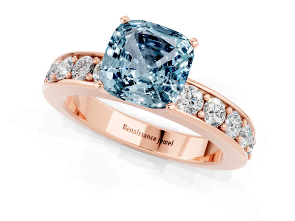 Rose gold Cushion Cut Aquamarine Engagement Ring with Channel Set Round  Band and Prong Setting