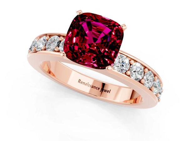 Rose gold Cushion Cut Garnet Engagement Ring with Channel Set Round  Band and Prong Setting