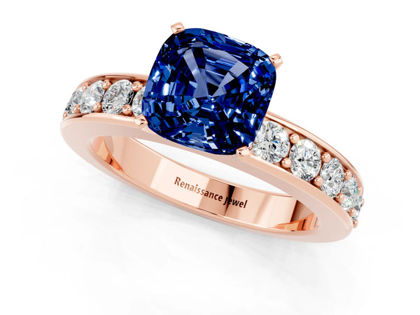 Rose gold Cushion Cut Blue Sapphire Engagement Ring with Channel Set Round  Band and Prong Setting