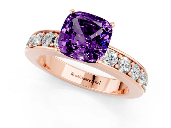 Rose gold Cushion Cut Amethyst Engagement Ring with Channel Set Round  Band and Prong Setting