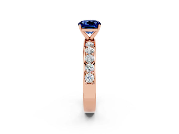 Rose gold Cushion Cut Blue Sapphire Engagement Ring with Channel Set Round  Band and Prong Setting
